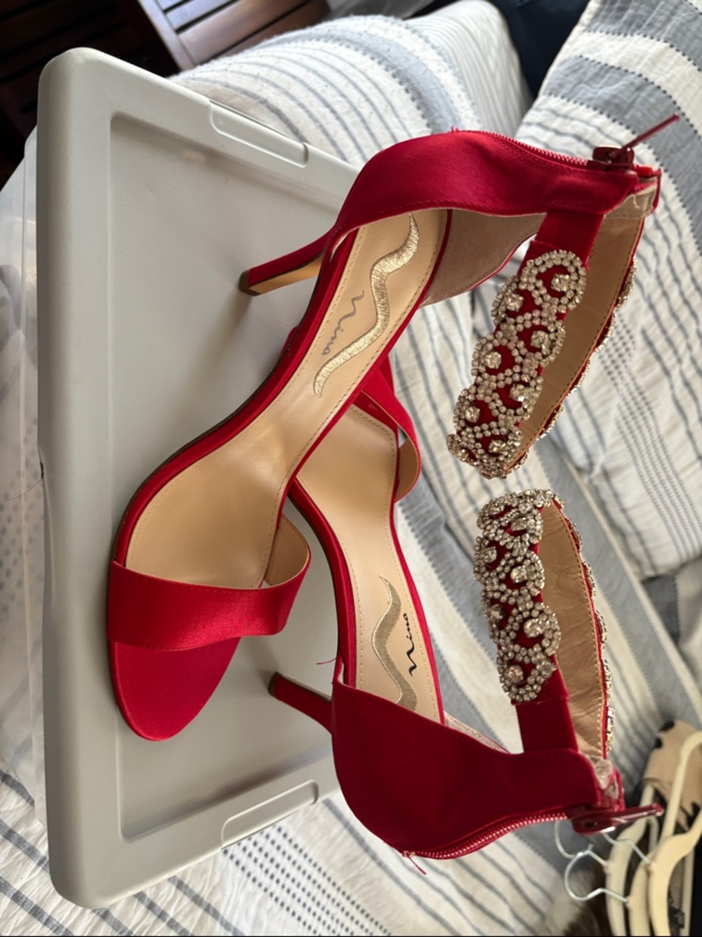 Nina Red Satin Jeweled Ankle-Strap Heels